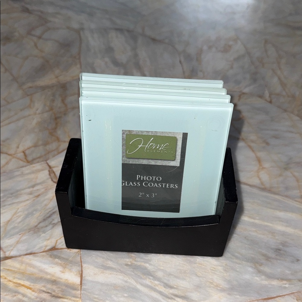 Home Elements Frosted Photo Glass Coasters Set of 4 with Black Wood Holder 2x3